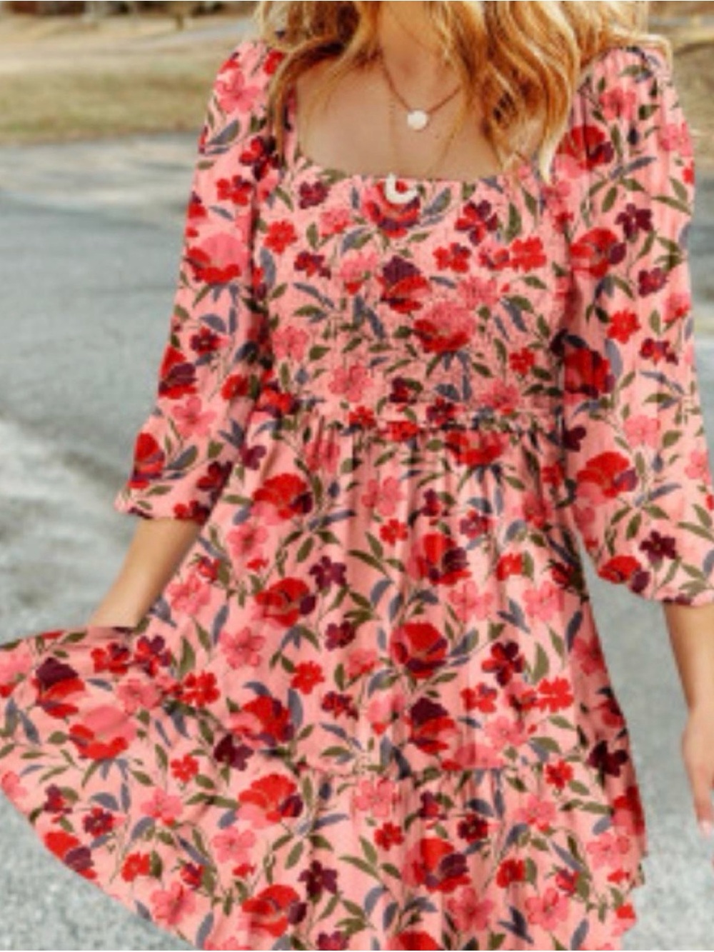 Smocked Square-Neck Pink Floral Mini Dress
